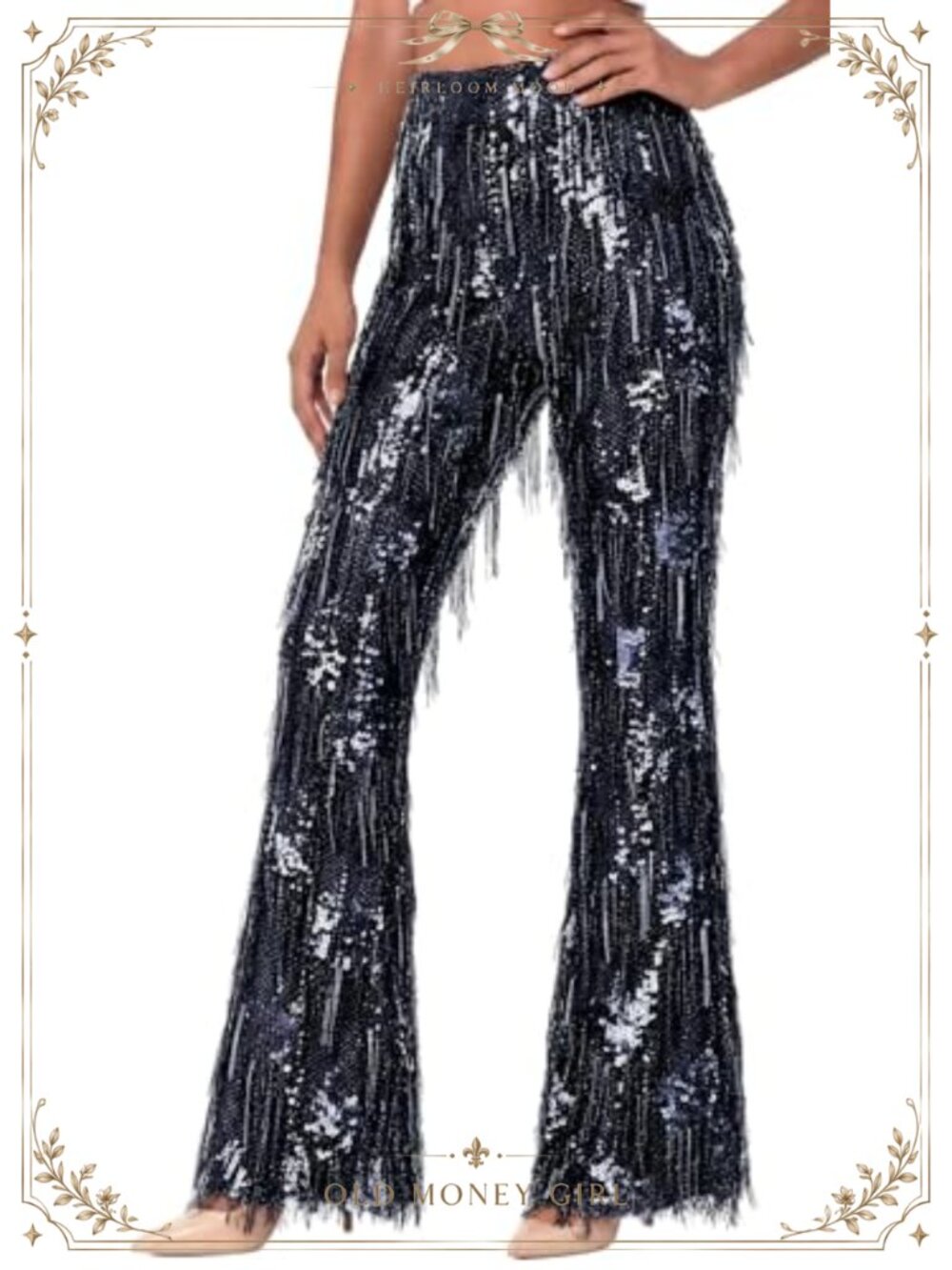 Sequined Flare Pants with Fringe High Waisted Bell Bottom Party Clubwear